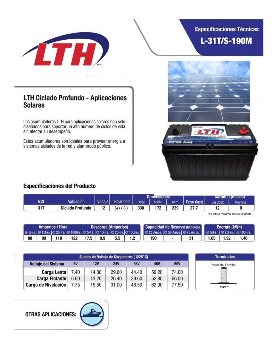 Batería LTH Solar 12V Ciclo Profundo 110AH 20hrs modelo L 31TS190M